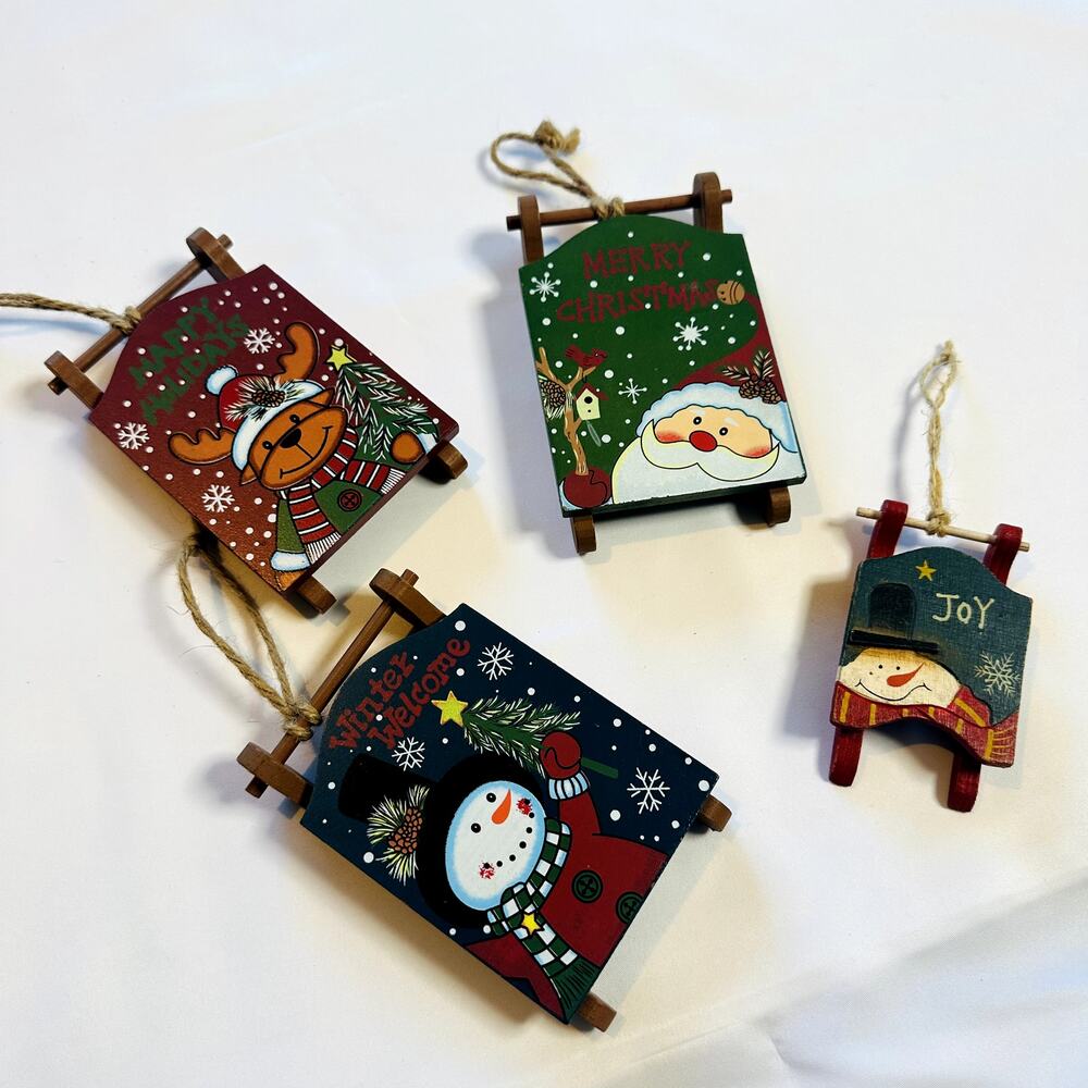 Primitive Farmhouse Christmas Bundle Of 4 Wooden Sled Tree Ornaments